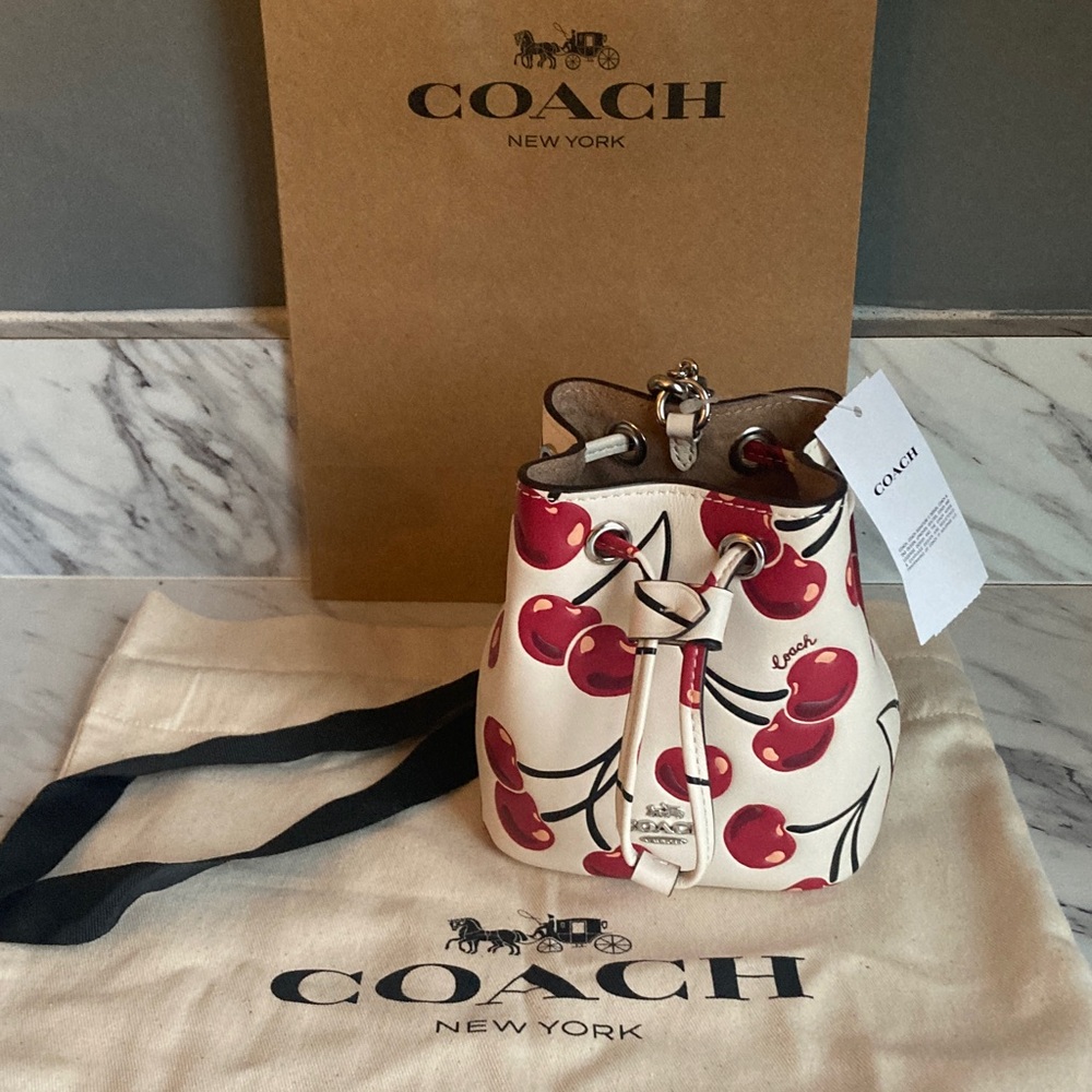 NWT Coach Cream Leather Mini Bucket Bag with Red Cherry Print